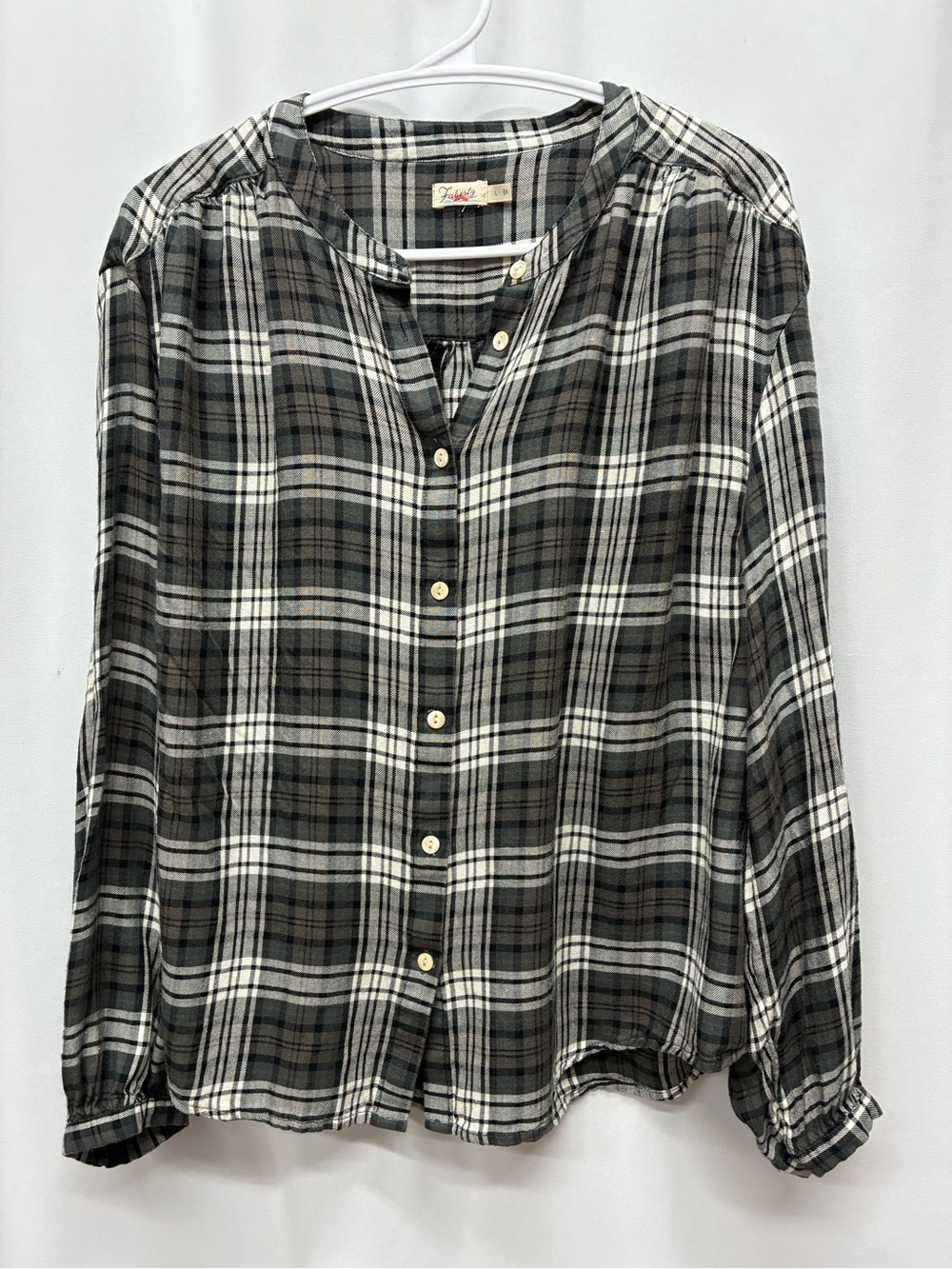 Faherty drift plaid womens button up shirt size large gray white hi low linen